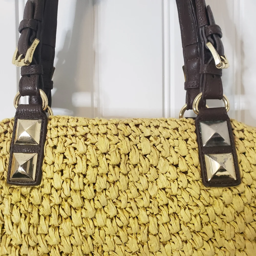 Michael Michael Kors Vintage Large Woven Straw Leather Handbag Satchel Tote - Picture 13 of 15